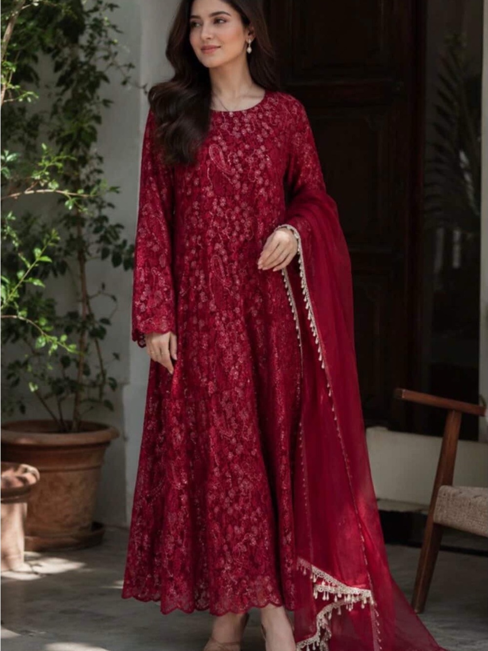 Mohsin Naveed Ranjha MNR Inspired net embroidered maxi, chiffon dupatta 3 pc